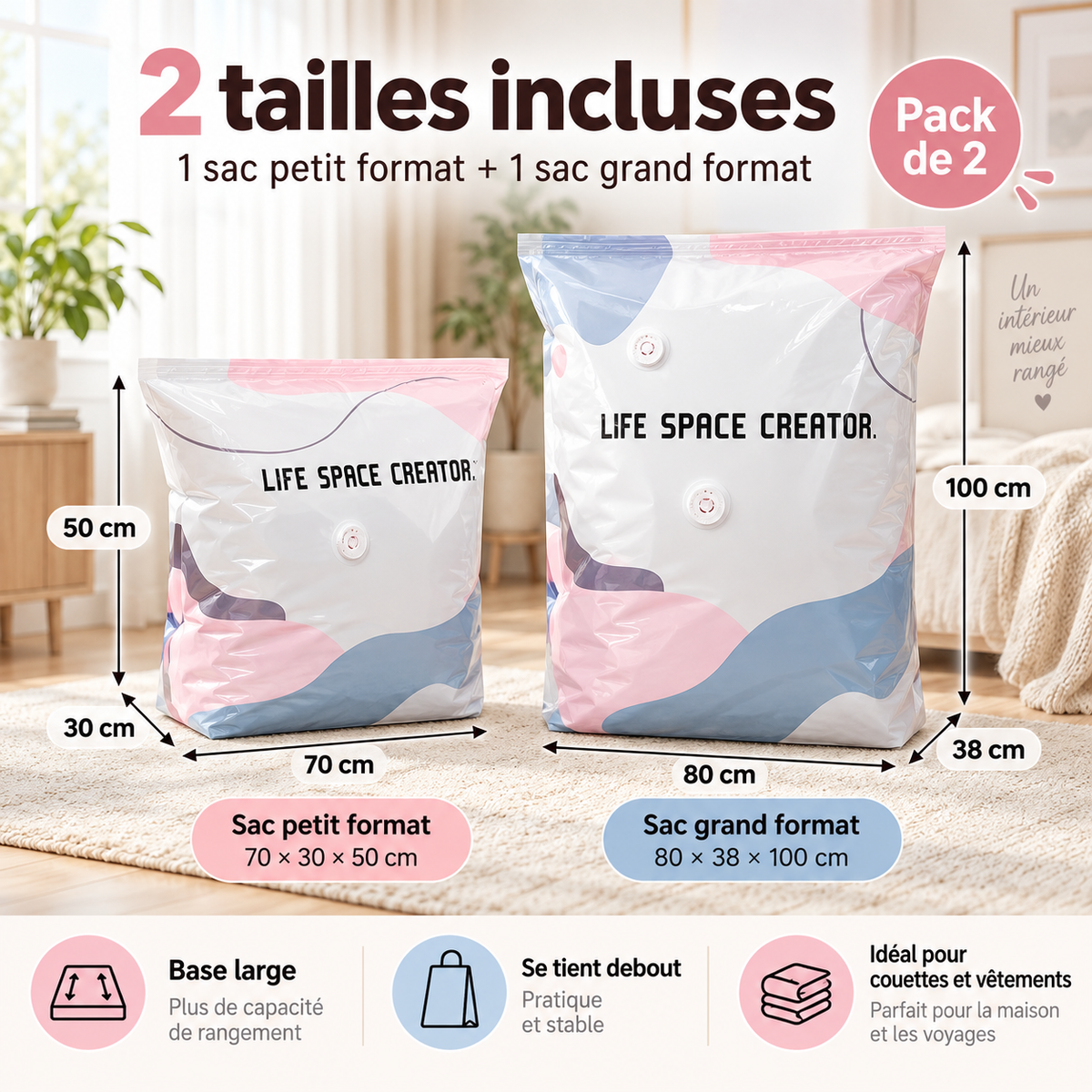 2 sacs de rangement sous vide (50x70x30 et 80x100x30)