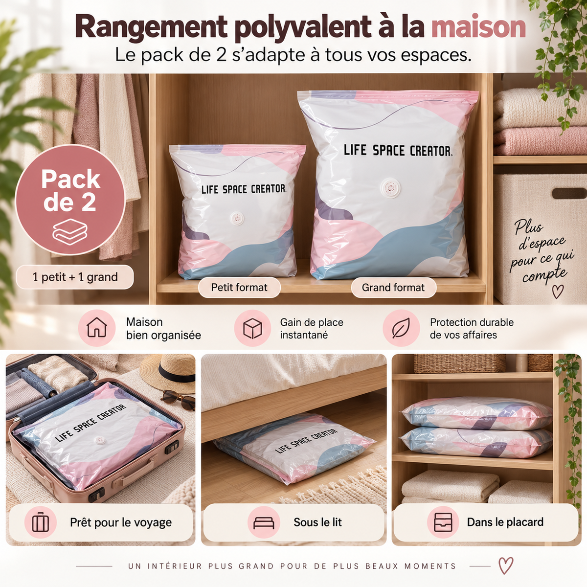 2 sacs de rangement sous vide (50x70x30 et 80x100x30)