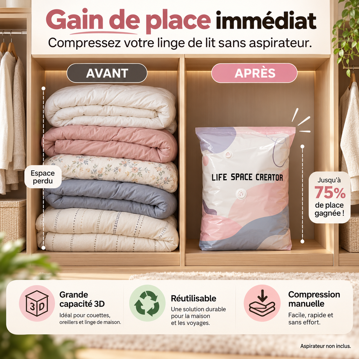 2 sacs de rangement sous vide (50x70x30 et 80x100x30)