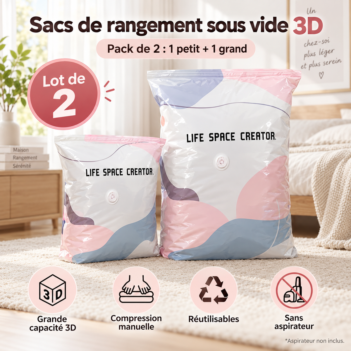 2 sacs de rangement sous vide (50x70x30 et 80x100x30)